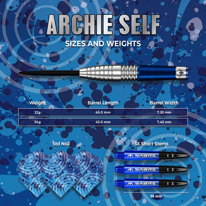 Mission Archie Self Darts - Stahlspitze - 90% Tungsten - Blau & Silber 22 gr